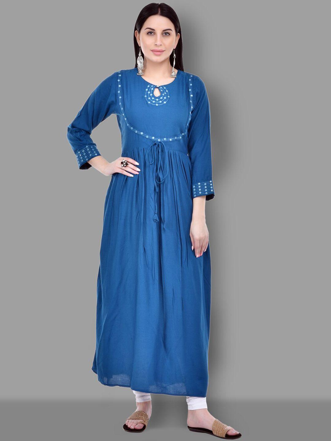 ziva fashion women blue & white embroidered cotton kurta