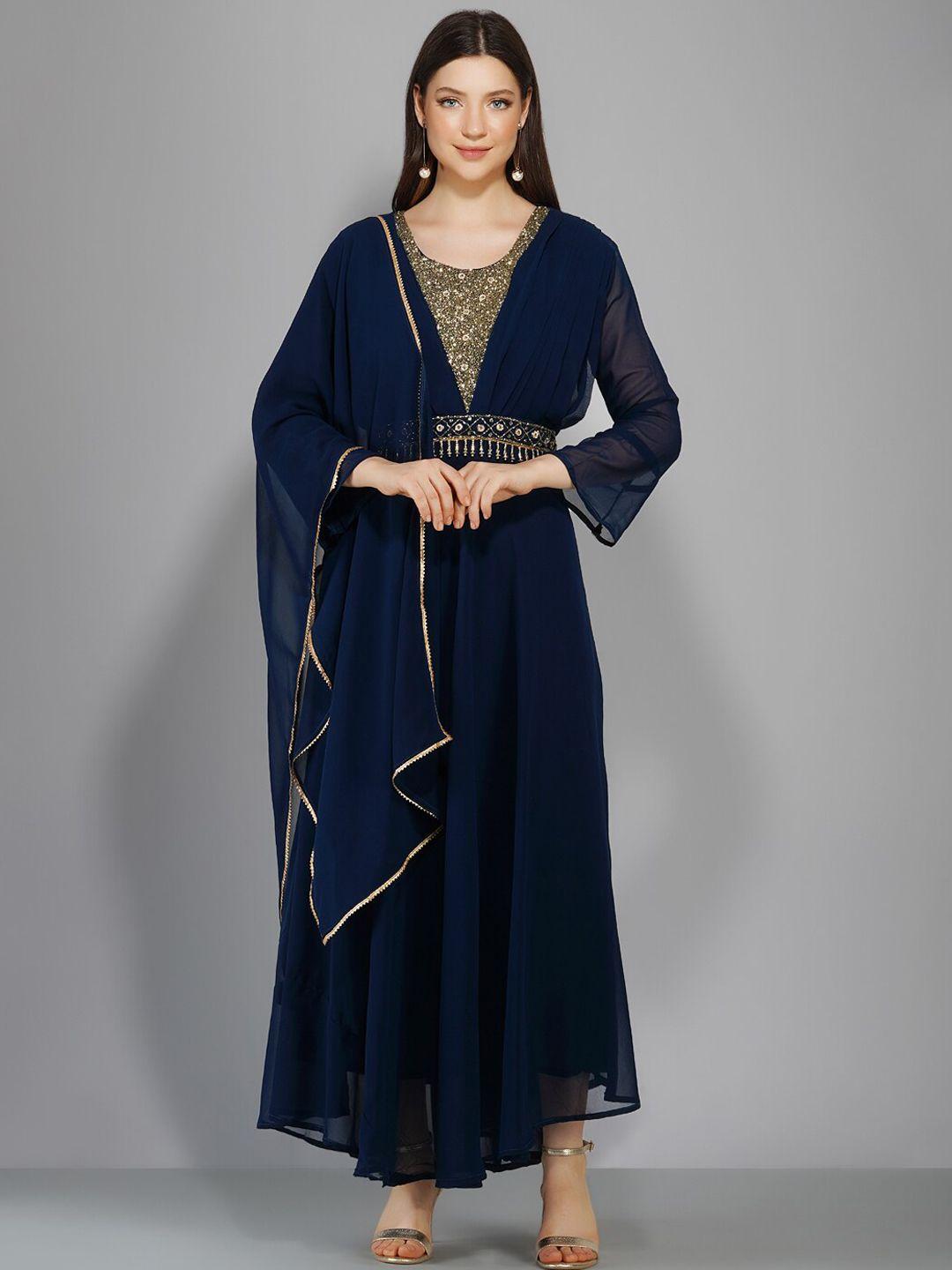 ziva fashion women blue embellished georgette maxi dress with dupatta