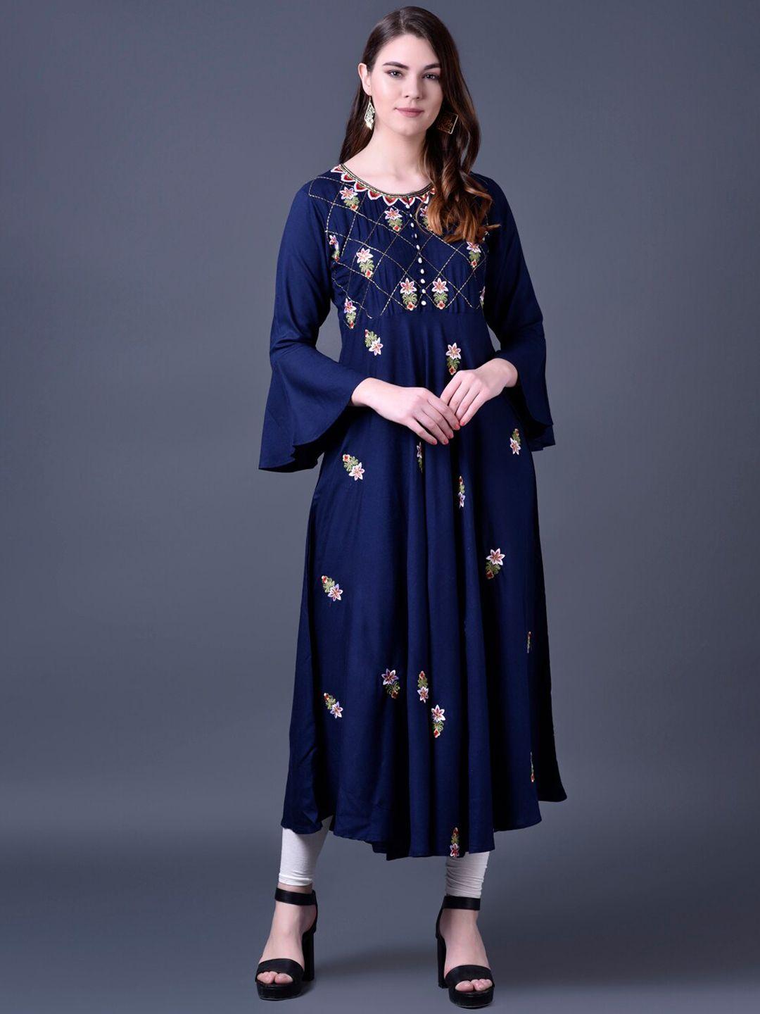 ziva fashion women blue embroidered flared sleeves cotton kurta