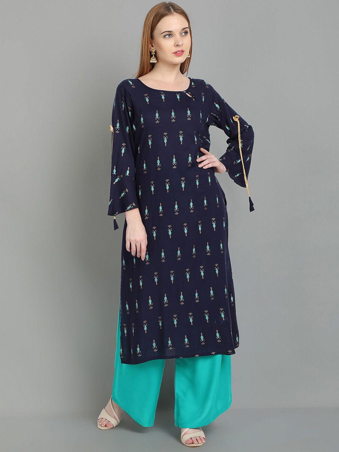 ziva fashion women blue ethnic motifs printed keyhole neck flared sleeves kurta