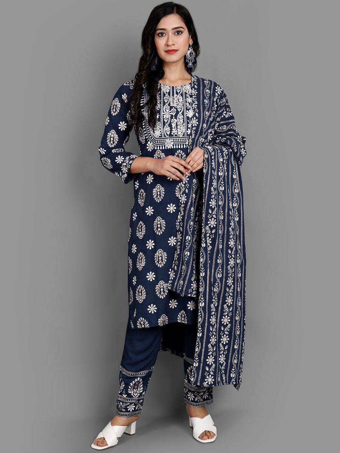 ziva fashion women blue ethnic motifs printed kurti with trousers & with dupatta