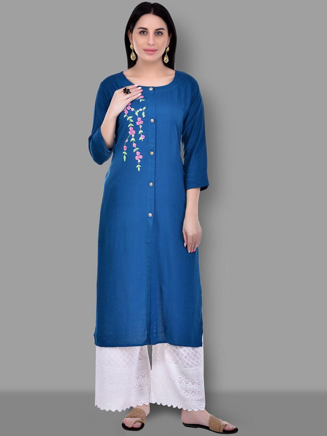 ziva fashion women blue floral embroidered kurta