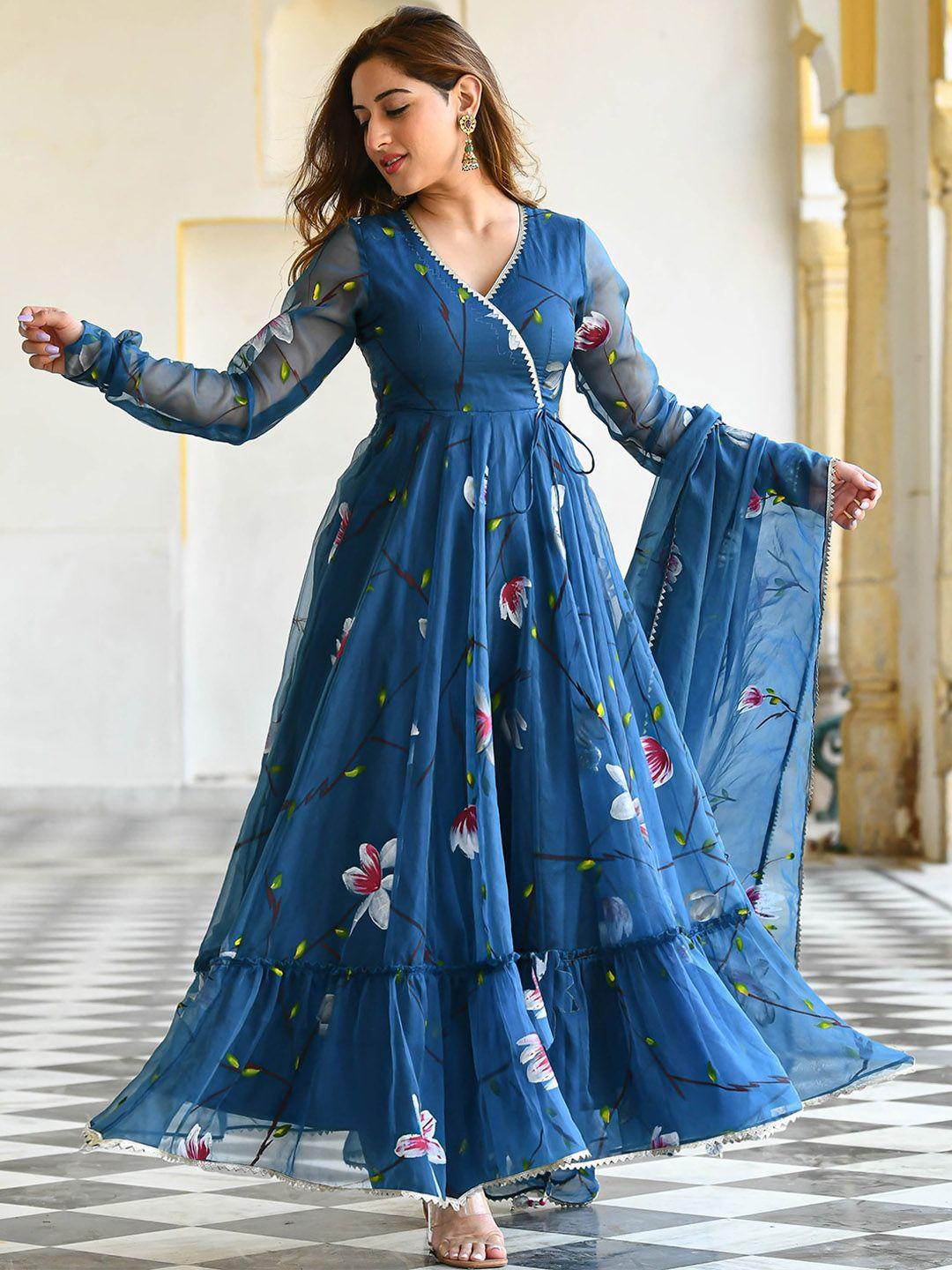 ziva fashion women blue floral printed thread work georgette anarkali kurta