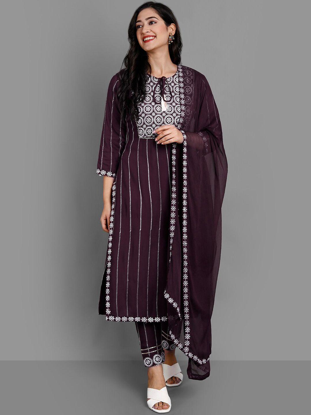 ziva fashion women brown embroidered panelled kurta with trousers & with dupatta