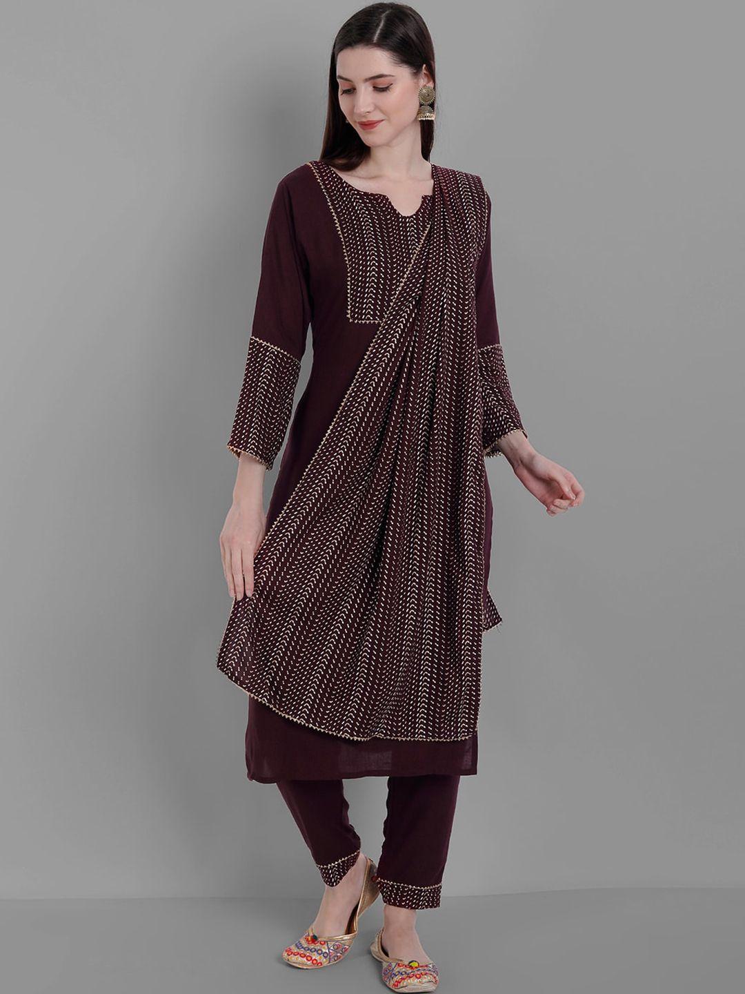 ziva fashion women brown striped layered kurti with churidar & with dupatta