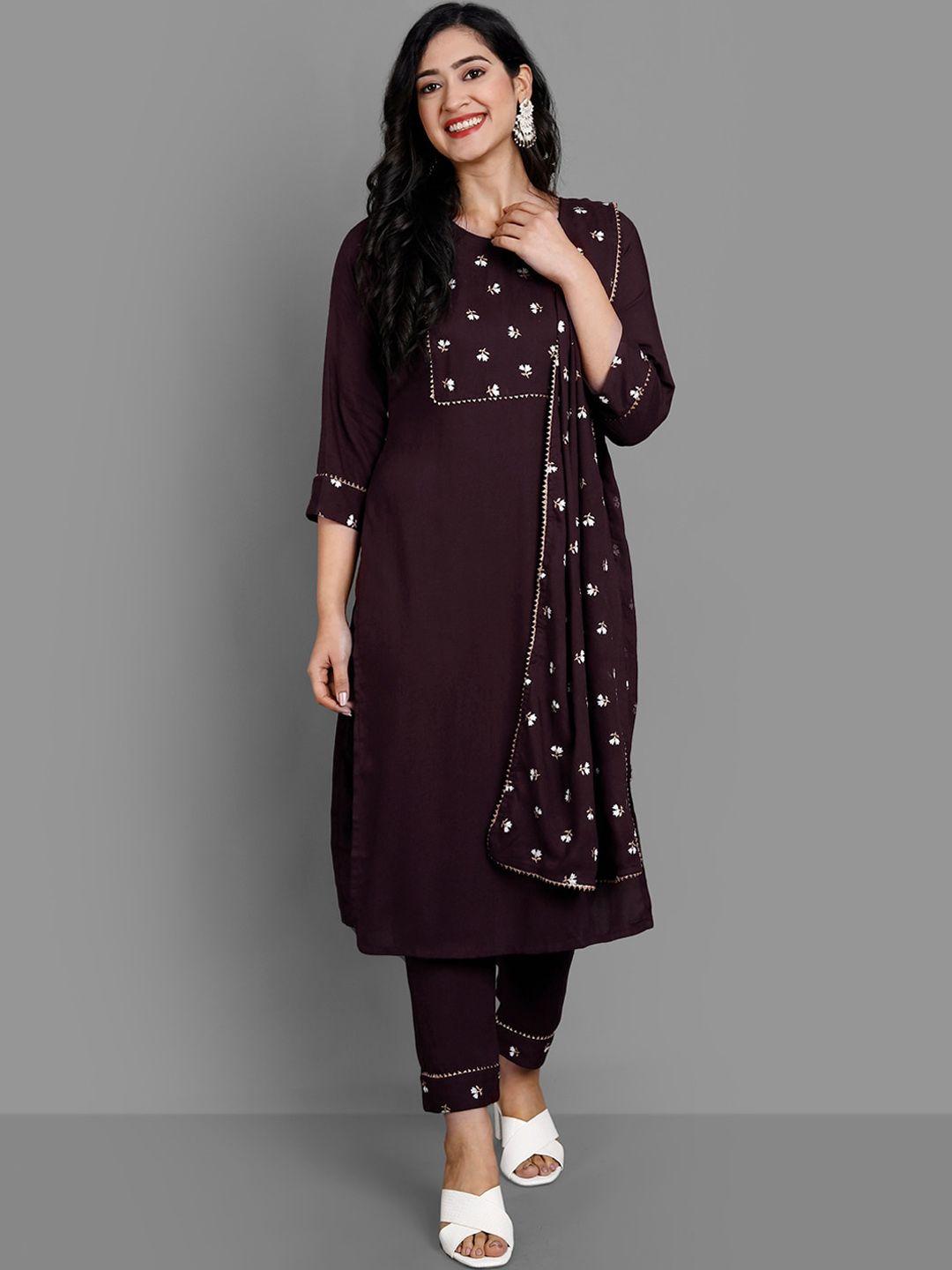 ziva fashion women brown yoke design panelled kurti with trousers & with dupatta