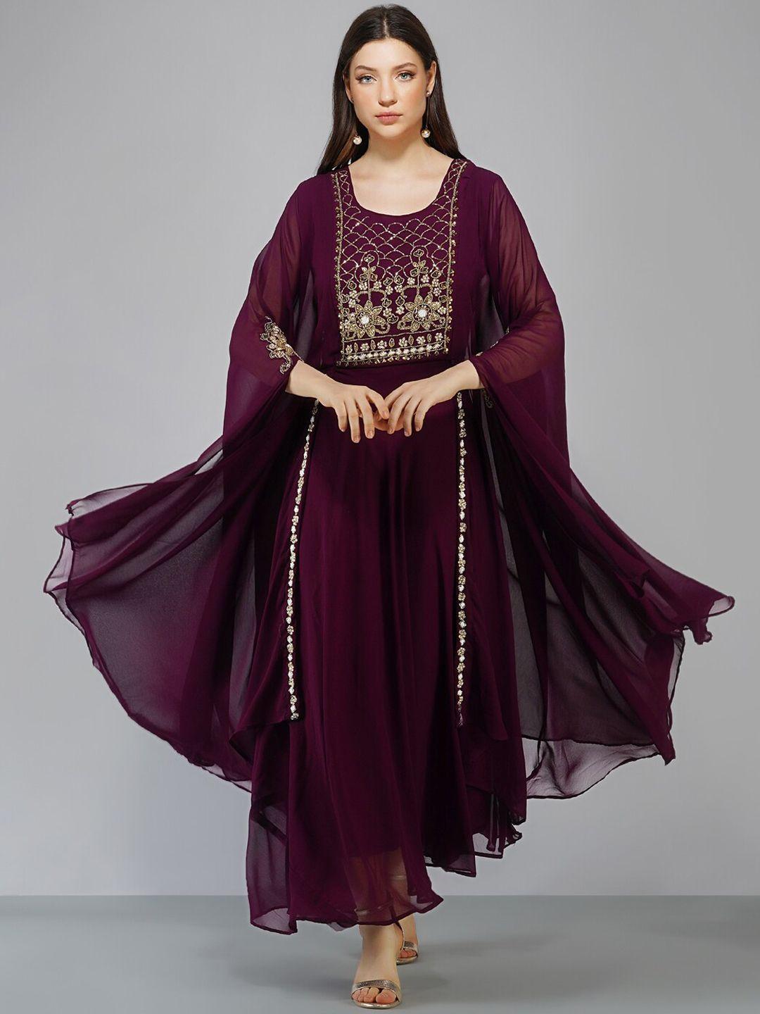 ziva fashion women burgundy embellished flared sleeves georgette maxi dress
