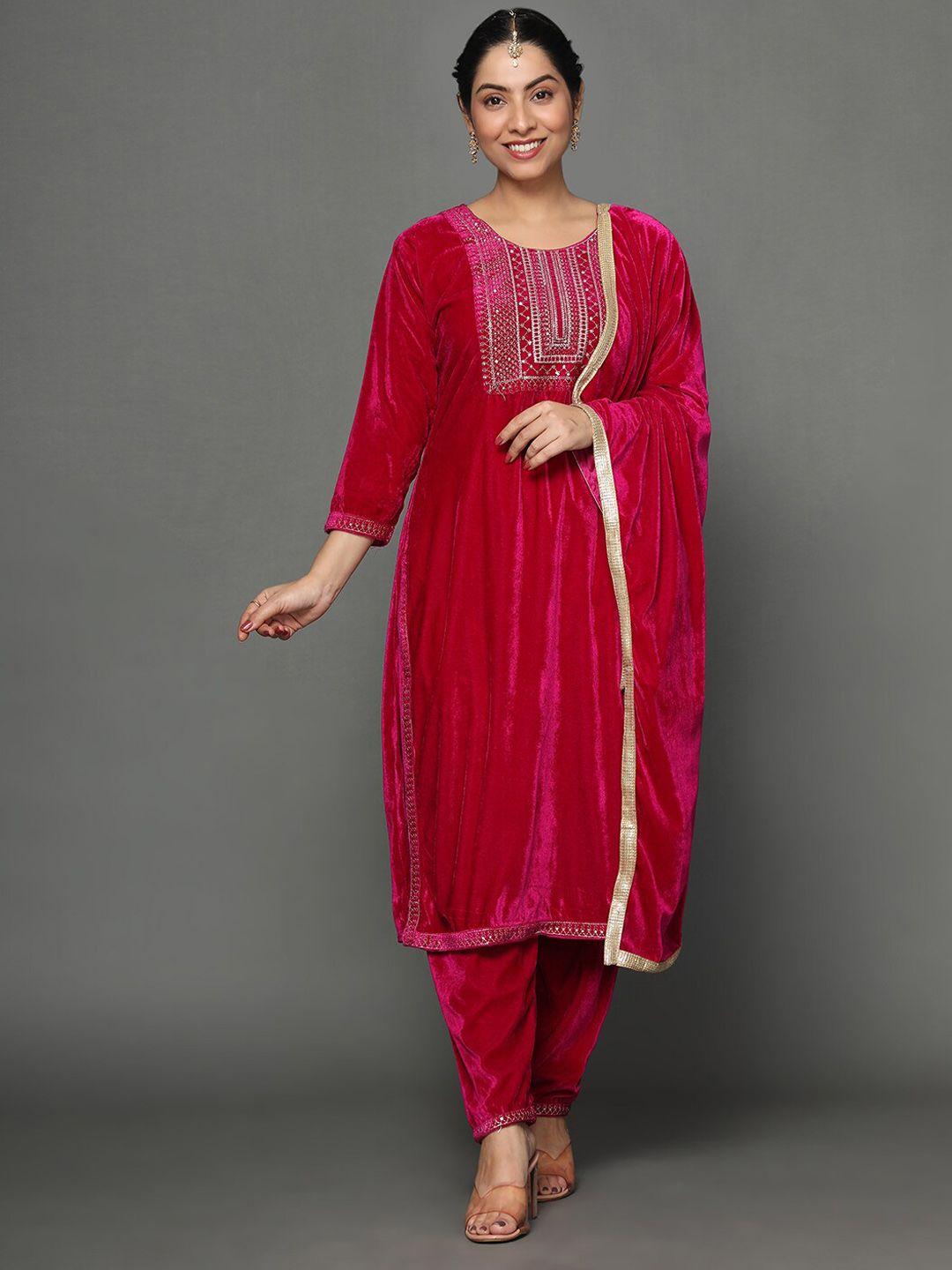 ziva fashion women embroidered sequinned velvet kurta with trousers & with dupatta