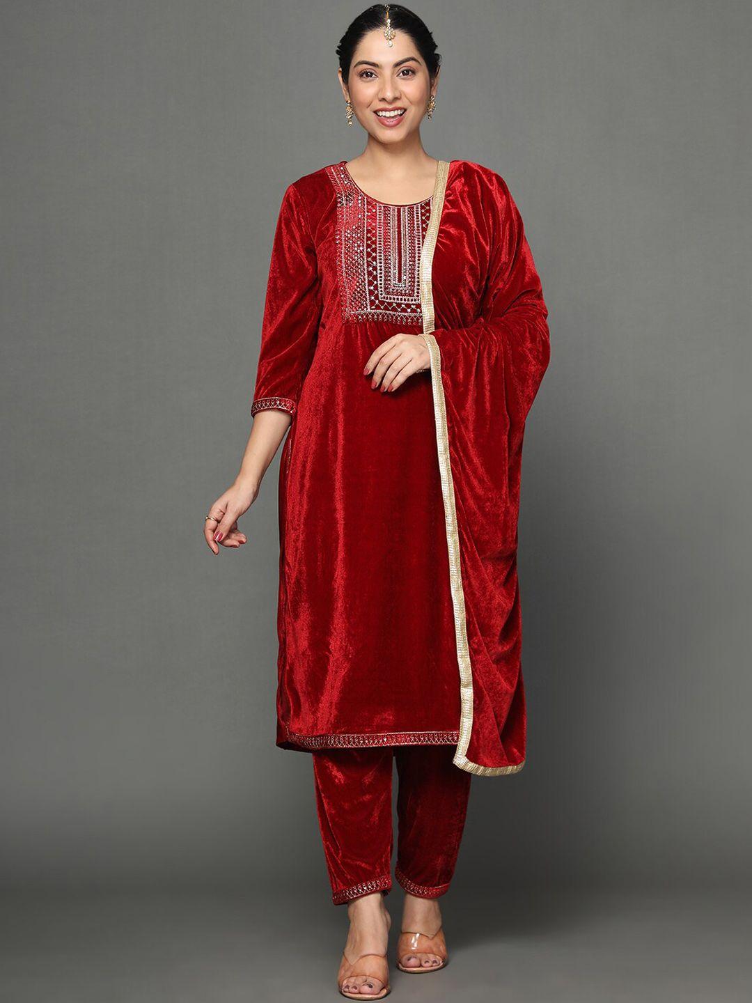 ziva fashion women embroidered sequinned velvet kurta with trousers & with dupatta