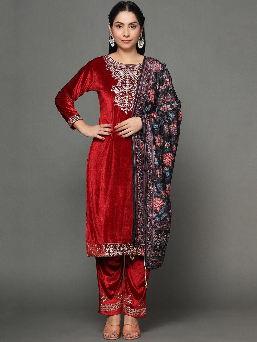 ziva fashion women ethnic motifs embroidered velvet kurta with trousers & dupatta