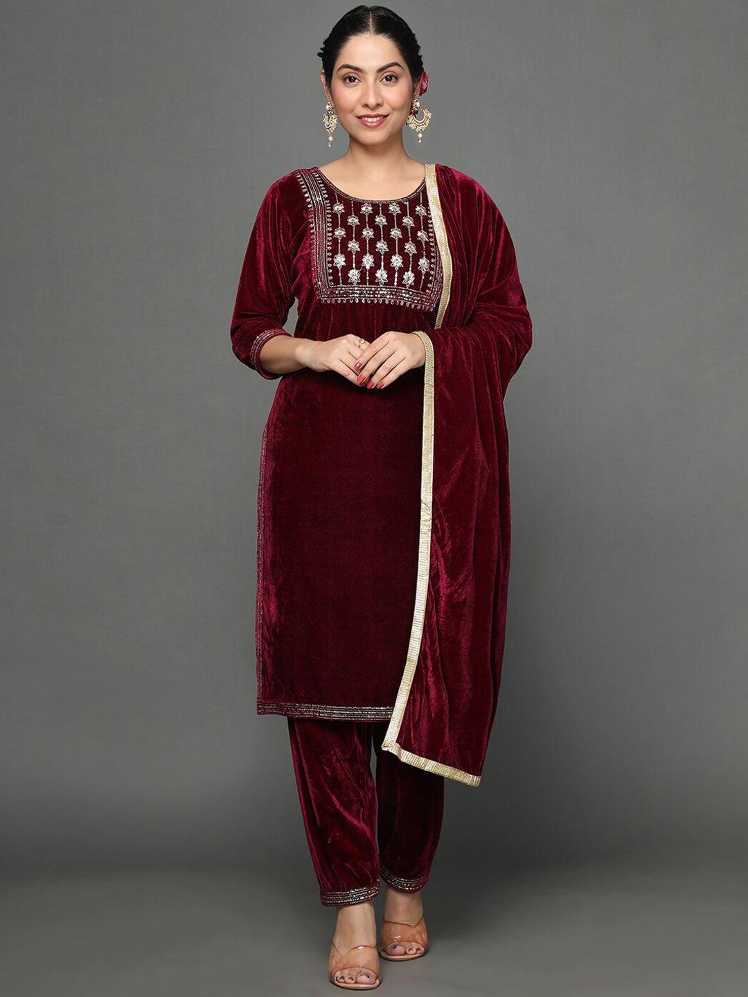 ziva fashion women floral embroidered sequinned velvet kurta with trousers & with dupatta