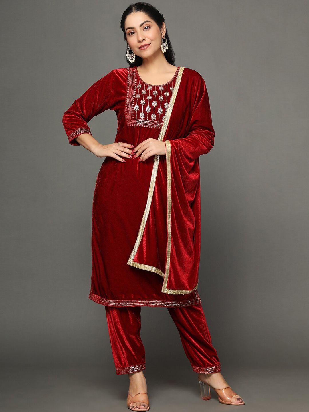 ziva fashion women floral embroidered sequinned velvet kurta with trousers & with dupatta