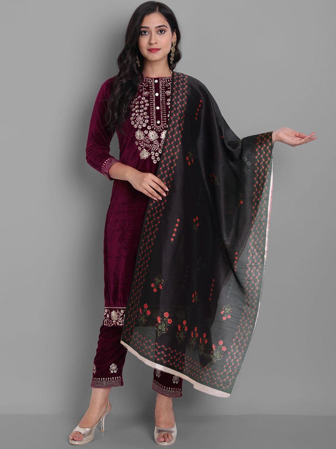 ziva fashion women floral embroidered velvet kurta with trousers & dupatta