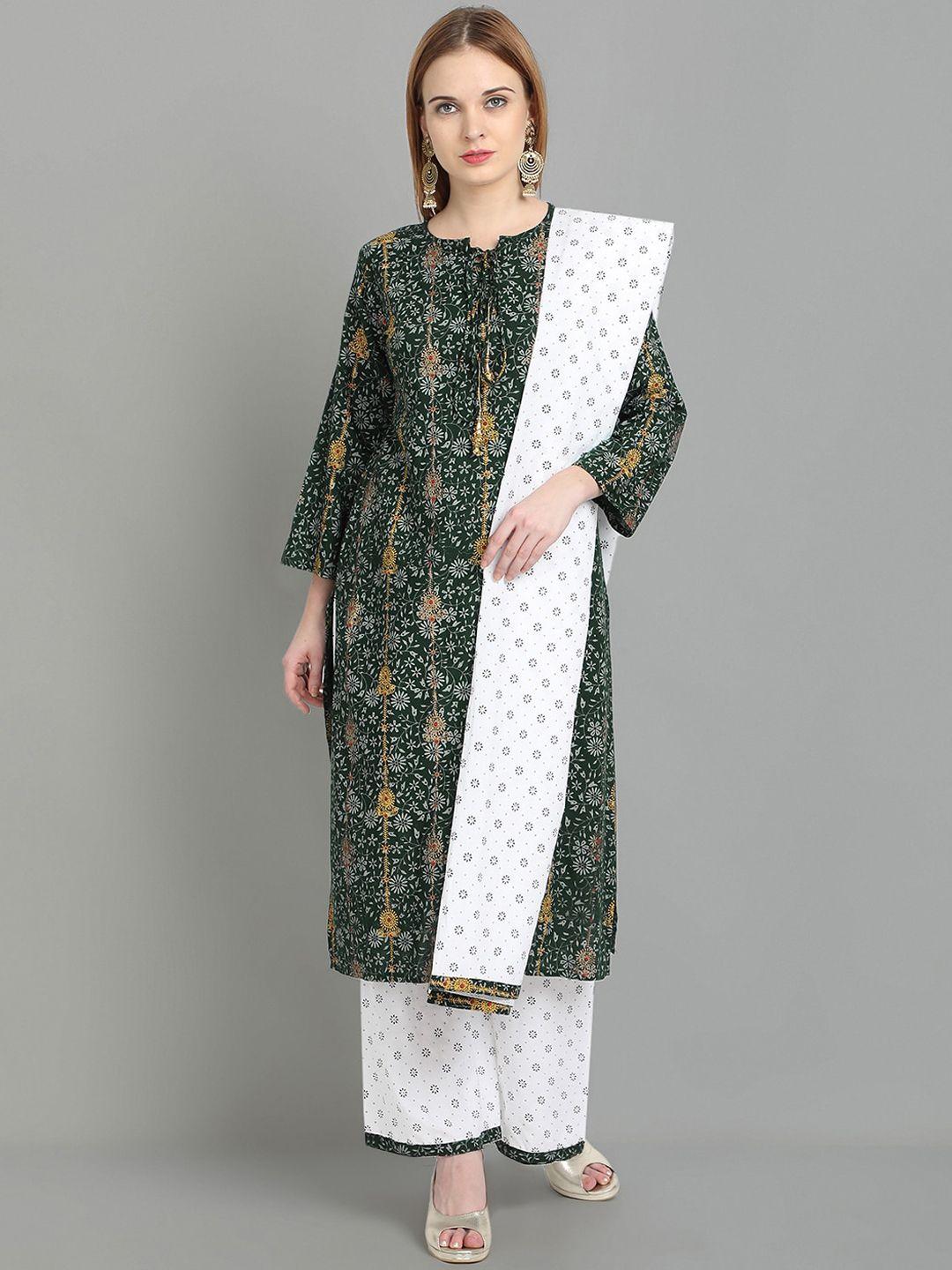 ziva fashion women green ethnic motifs printed kurta with palazzos & dupatta