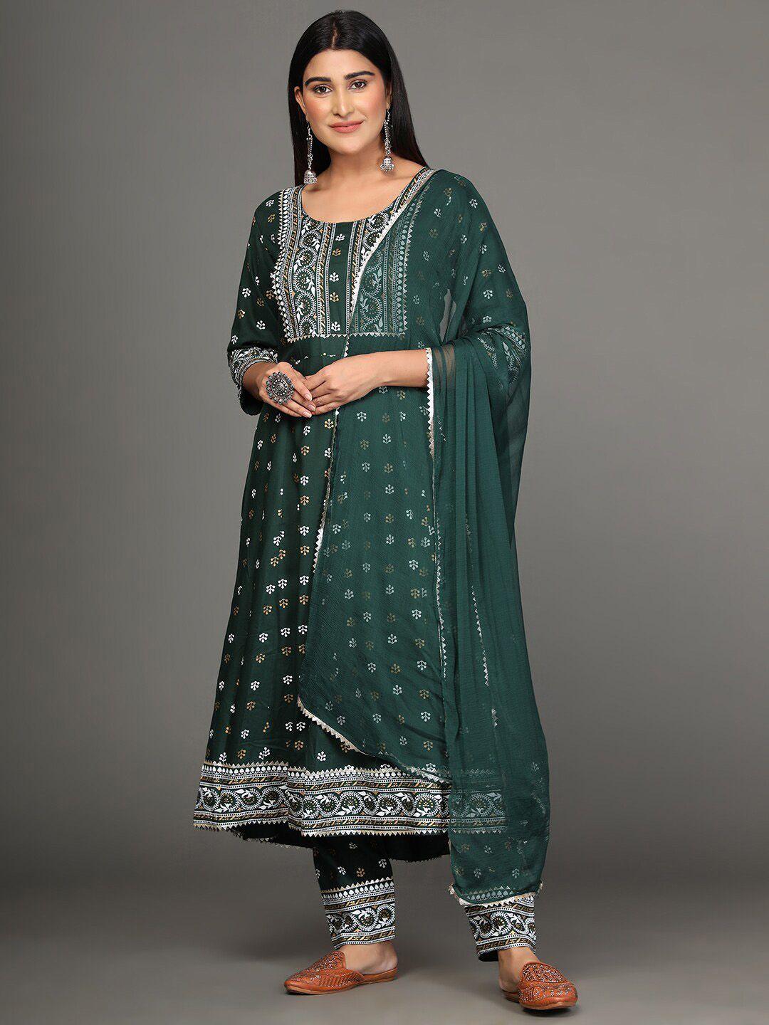 ziva fashion women green ethnic motifs printed kurta with trousers & with dupatta