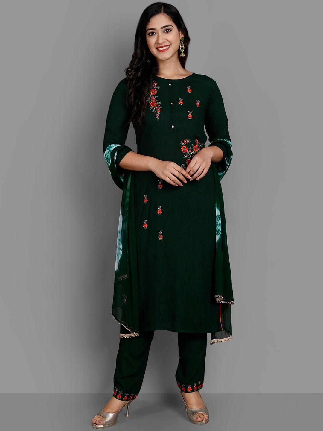 ziva fashion women green floral embroidered pleated kurti with trousers & with dupatta