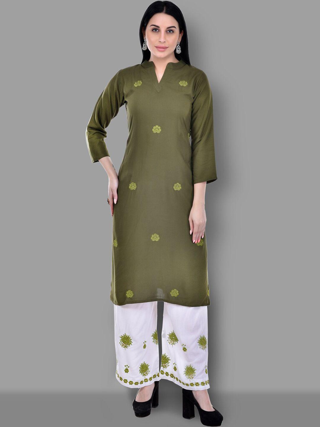 ziva fashion women green floral embroidered thread work kurta