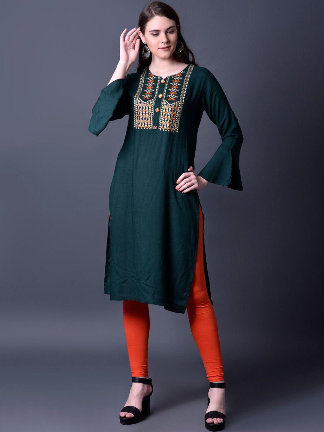 ziva fashion women green geometric striped flared sleeves gotta patti kurta
