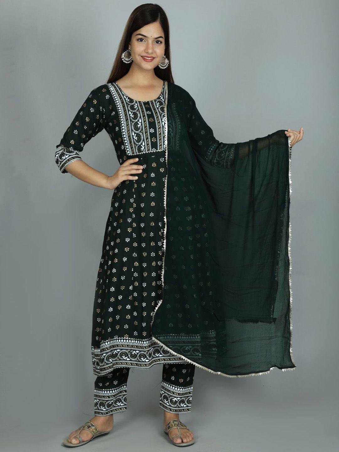 ziva fashion women green printed kurti with pant & with dupatta