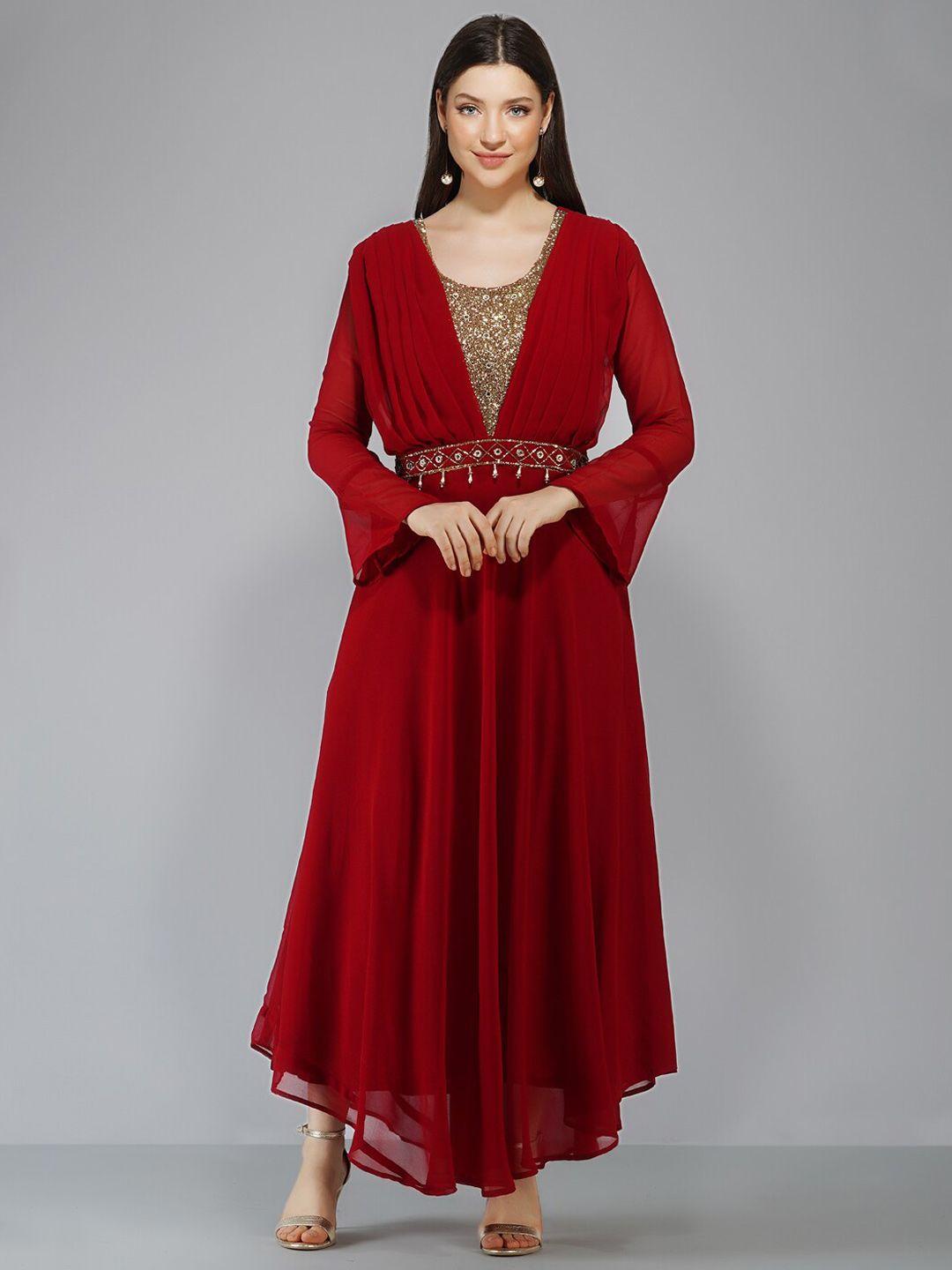 ziva fashion women maroon embellished georgette maxi dress with dupatta
