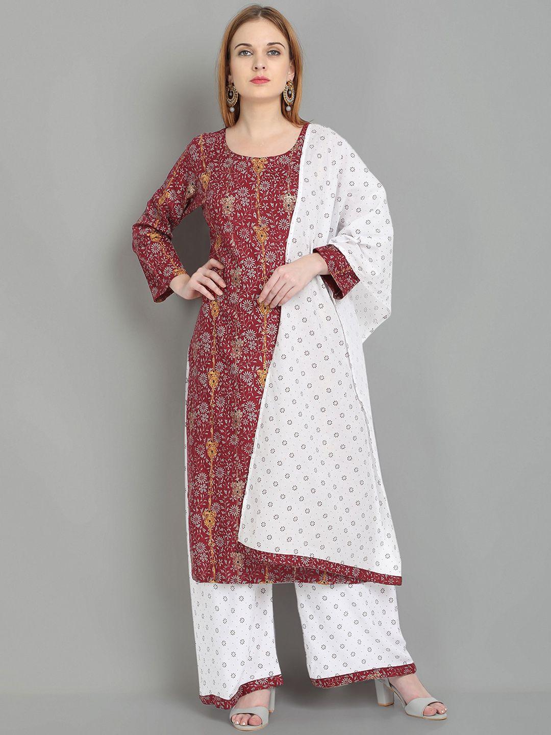 ziva fashion women maroon ethnic motifs printed kurta with palazzos & with dupatta