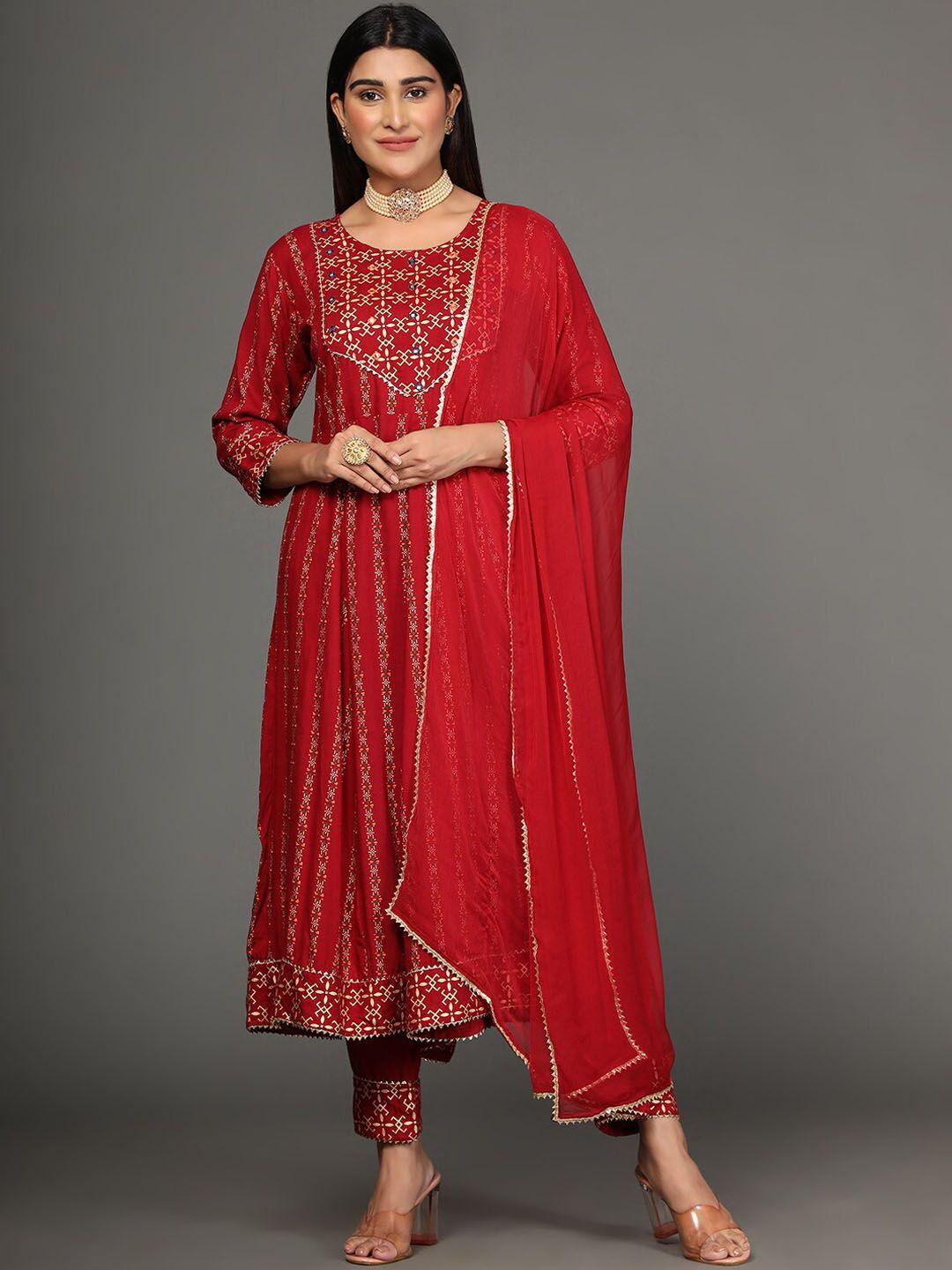 ziva fashion women maroon ethnic motifs printed kurta with trousers & dupatta