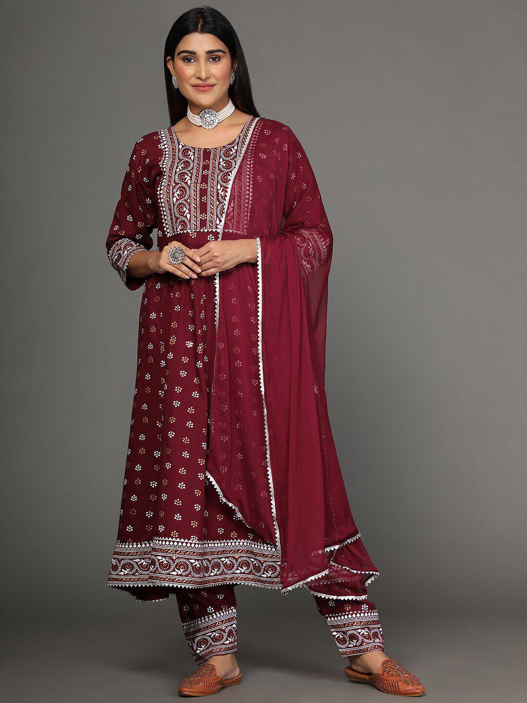 ziva fashion women maroon ethnic motifs printed kurta with trousers & dupatta