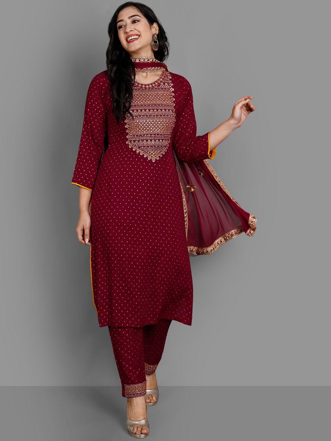 ziva fashion women maroon ethnic motifs printed layered kurti with trousers & with dupatta