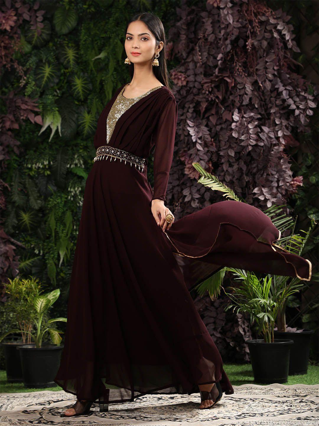 ziva fashion women maroon flared sleeves georgette anarkali kurta