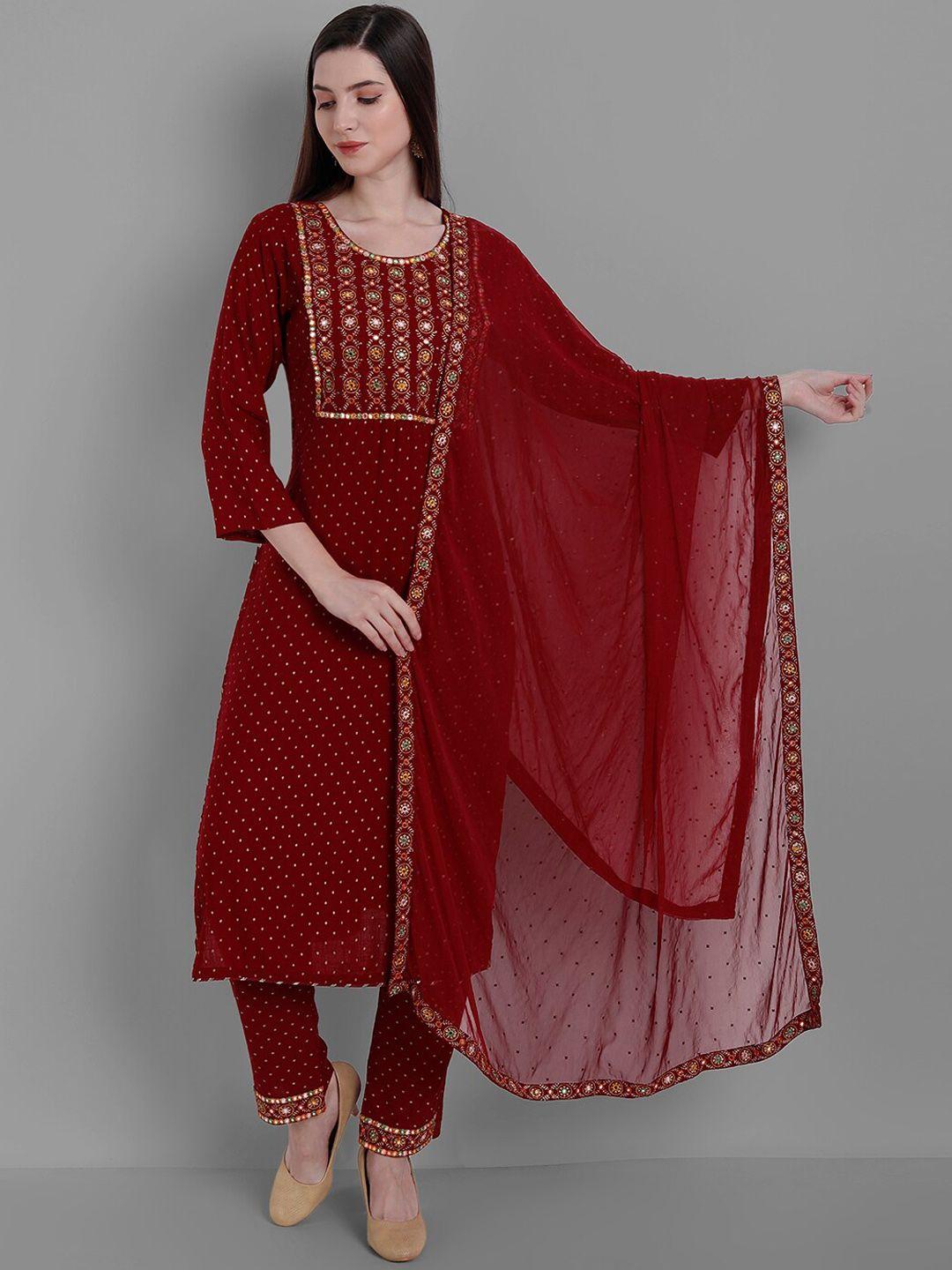 ziva fashion women maroon printed thread work kurta with trousers & with dupatta