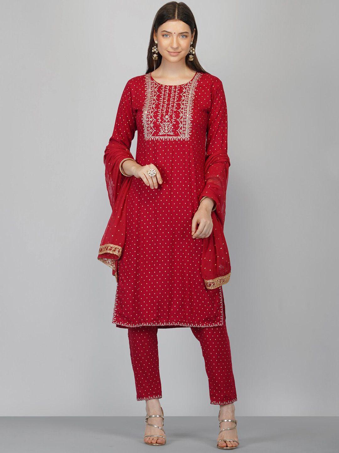ziva fashion women maroon yoke design kurta with trouser & dupatta