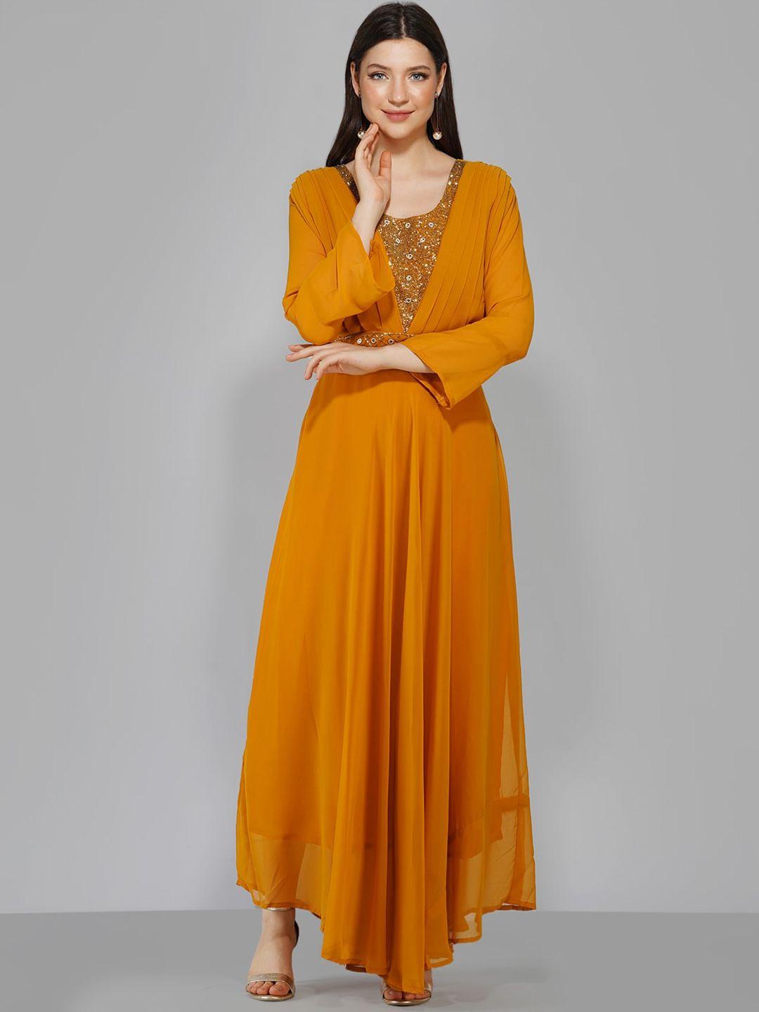 ziva fashion women mustard yellow georgette anarkali kurta