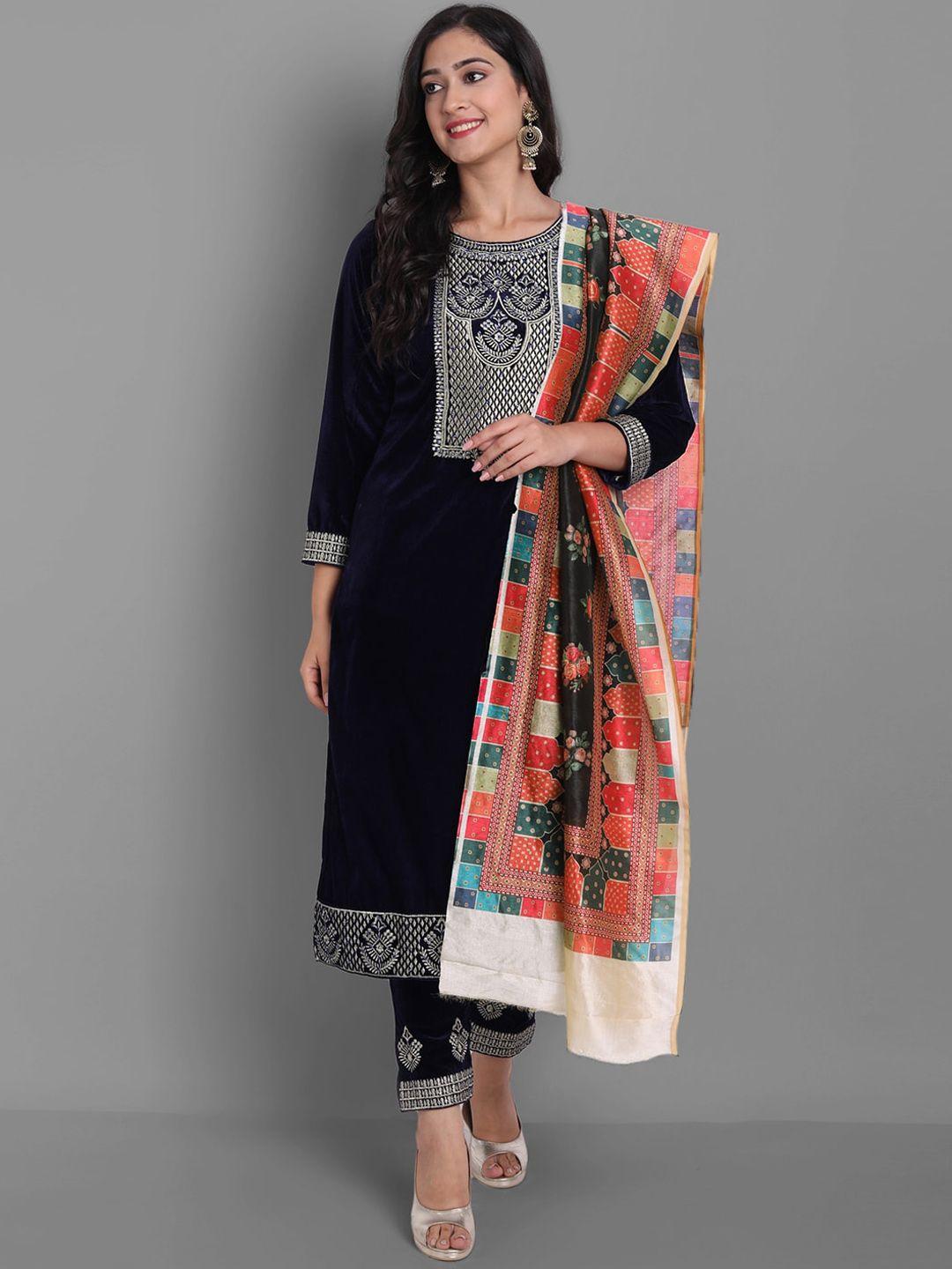 ziva fashion women navy blue embroidered velvet kurti with trousers & with dupatta