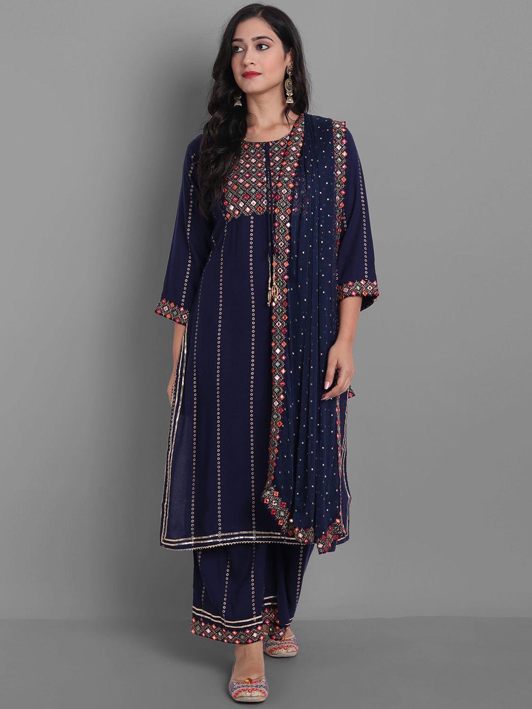 ziva fashion women navy blue ethnic motifs embroidered mirror work kurta with palazzos & with dupatta