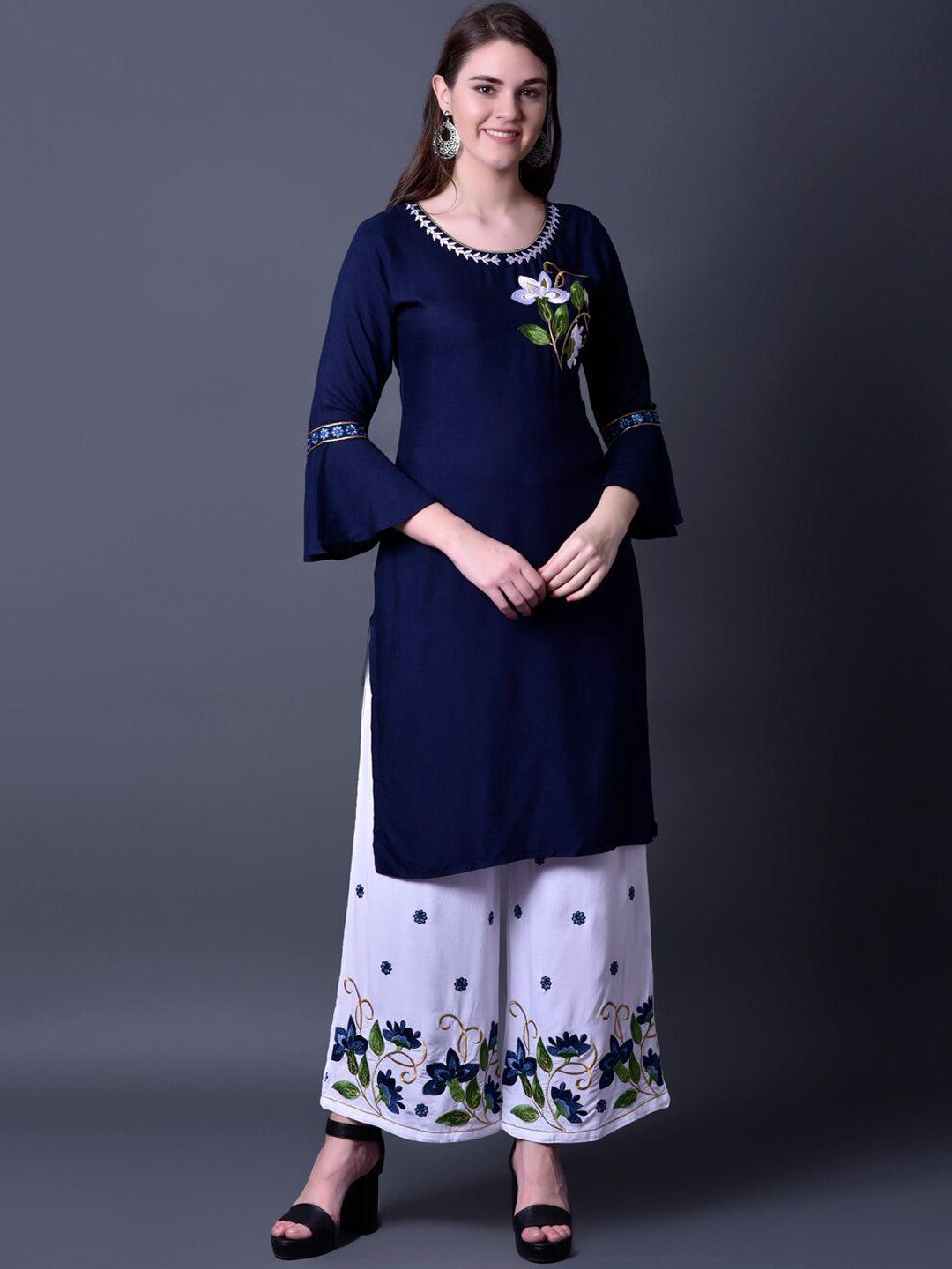 ziva fashion women navy blue floral embroidered kurti with palazzos