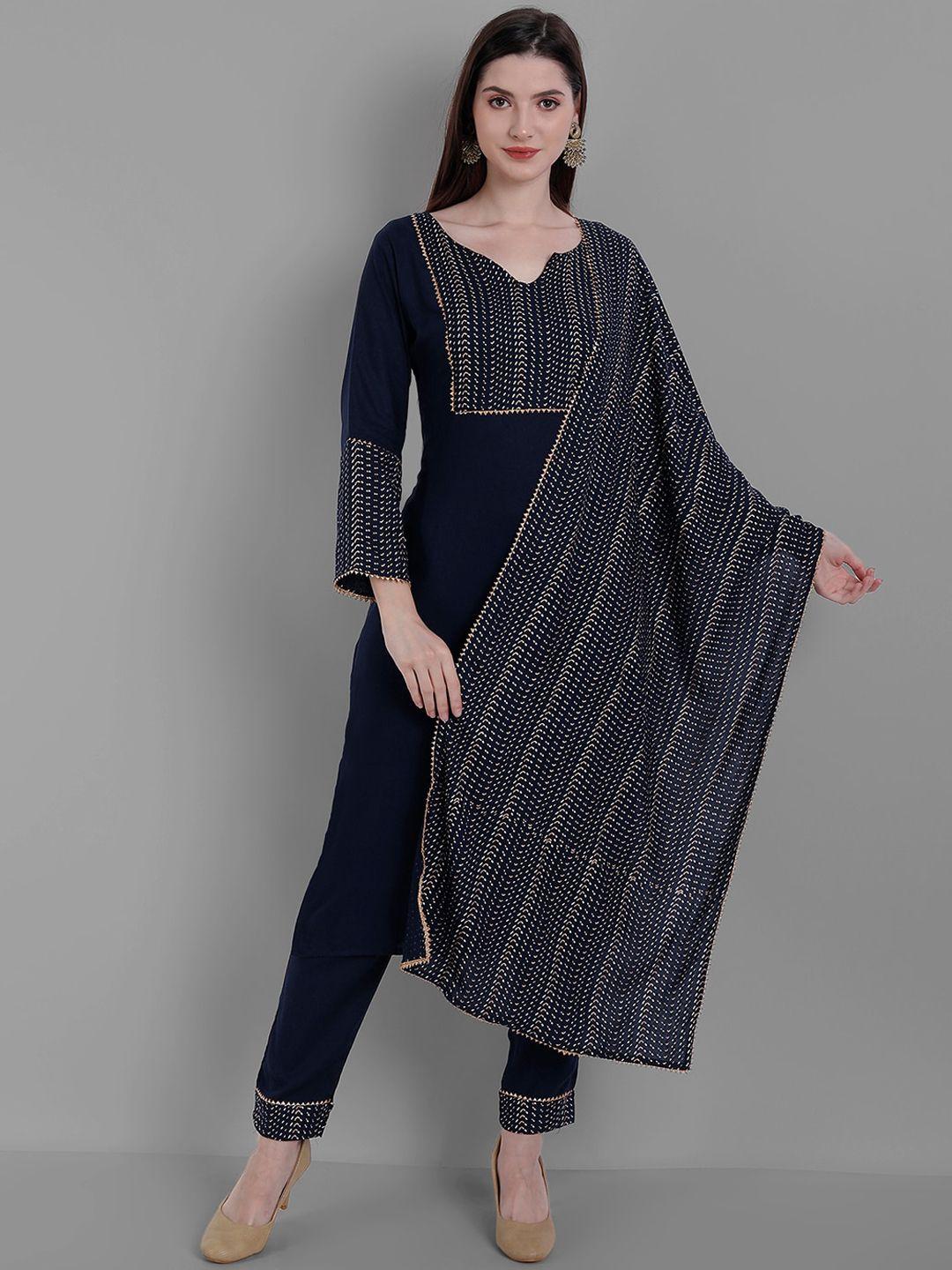 ziva fashion women navy blue yoke design panelled kurta with trousers & with dupatta
