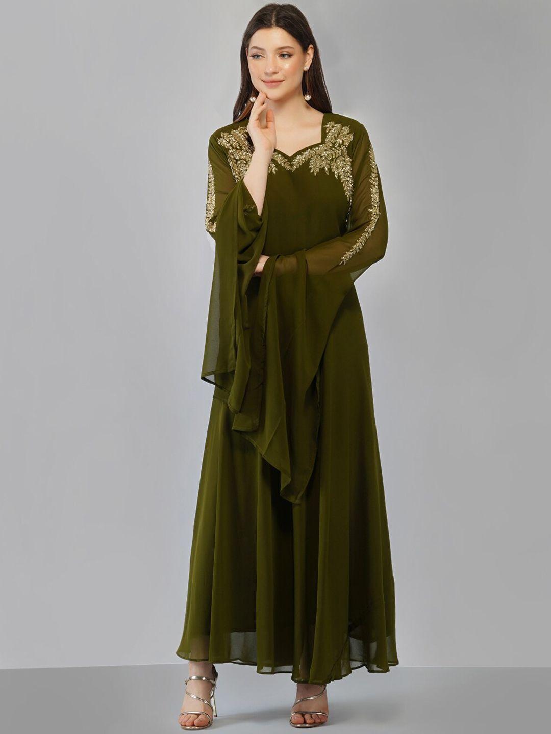 ziva fashion women olive green embellished flared sleeves georgette maxi dress