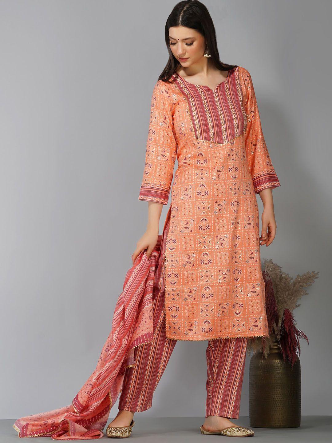 ziva fashion women orange floral print pure cotton kurta with trouser & dupatta