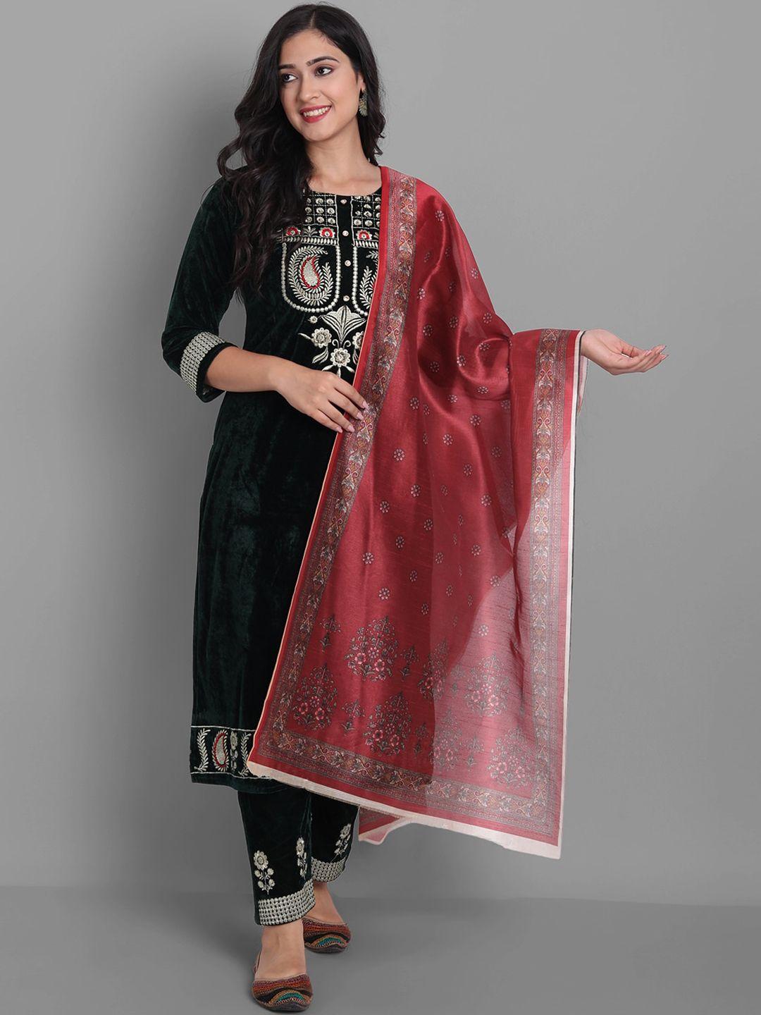 ziva fashion women paisley embroidered velvet kurta with trousers & with dupatta