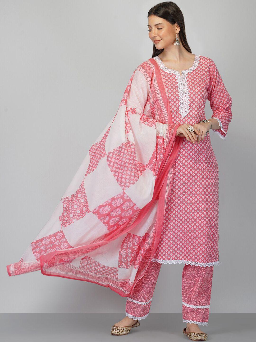 ziva fashion women pink ethnic motifs printed pure cotton kurta with trousers & with dupatta