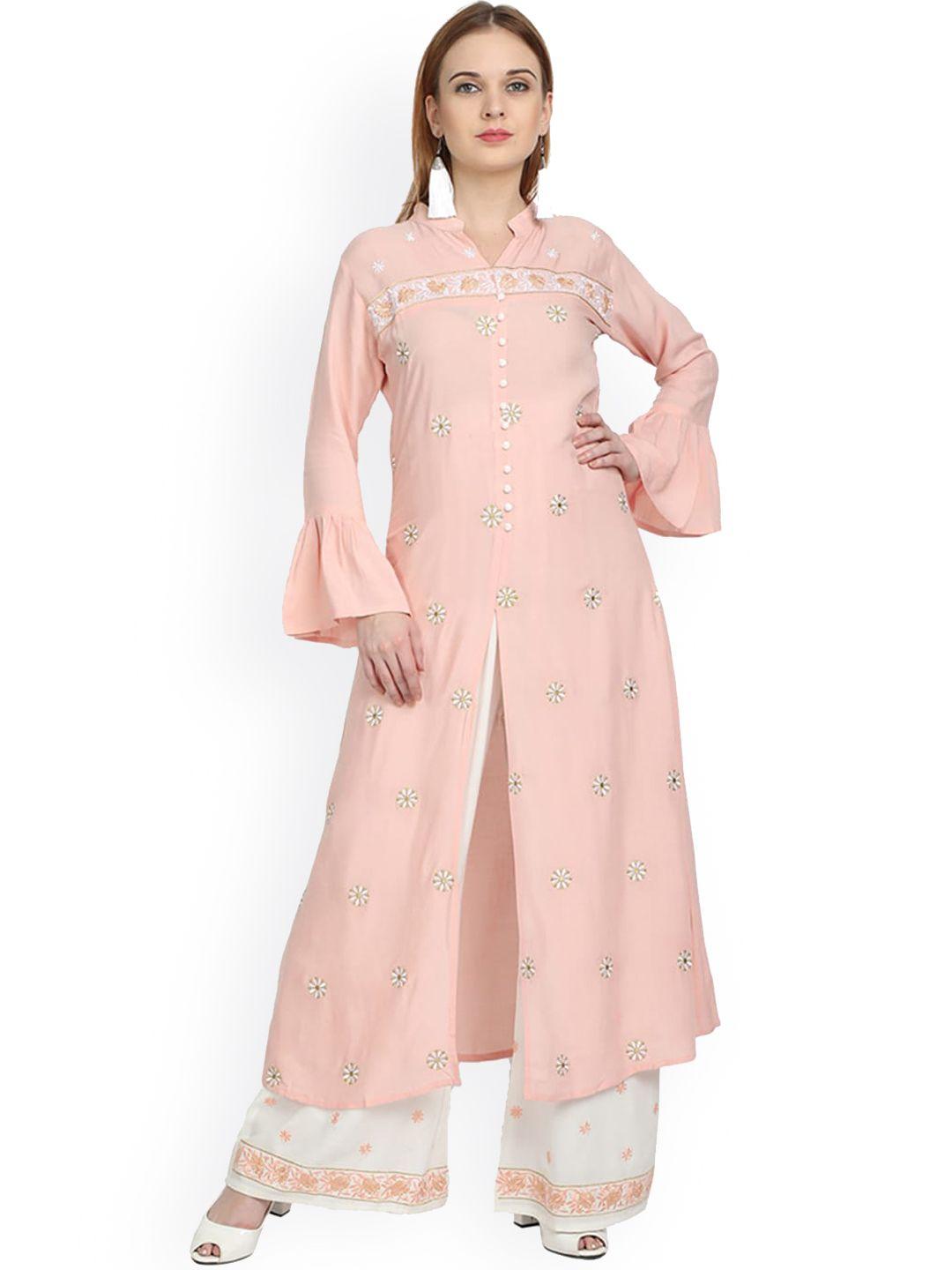 ziva fashion women pink floral embroidered thread work kurta with palazzos