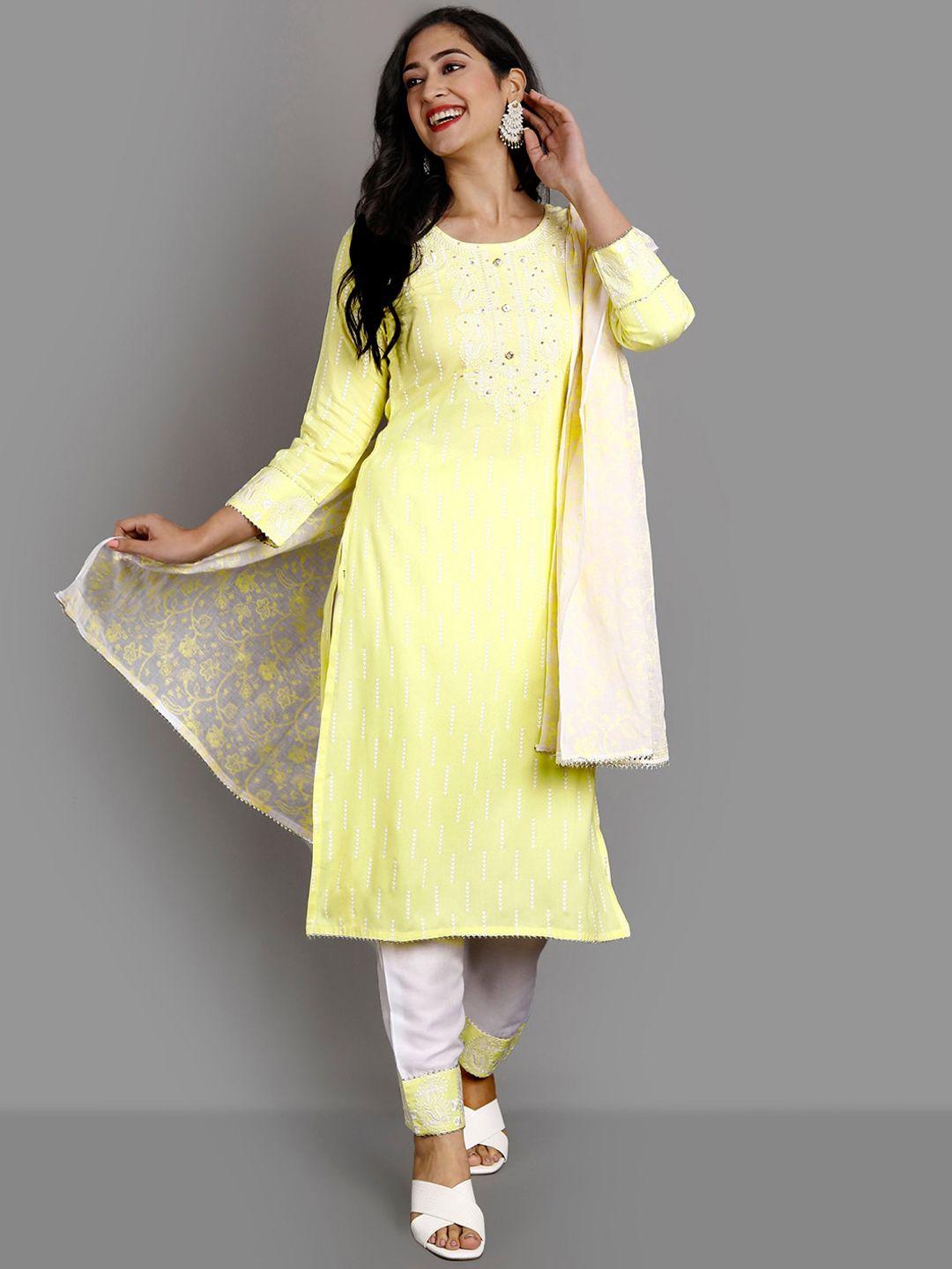 ziva fashion women yellow pleated kurta with churidar & with dupatta