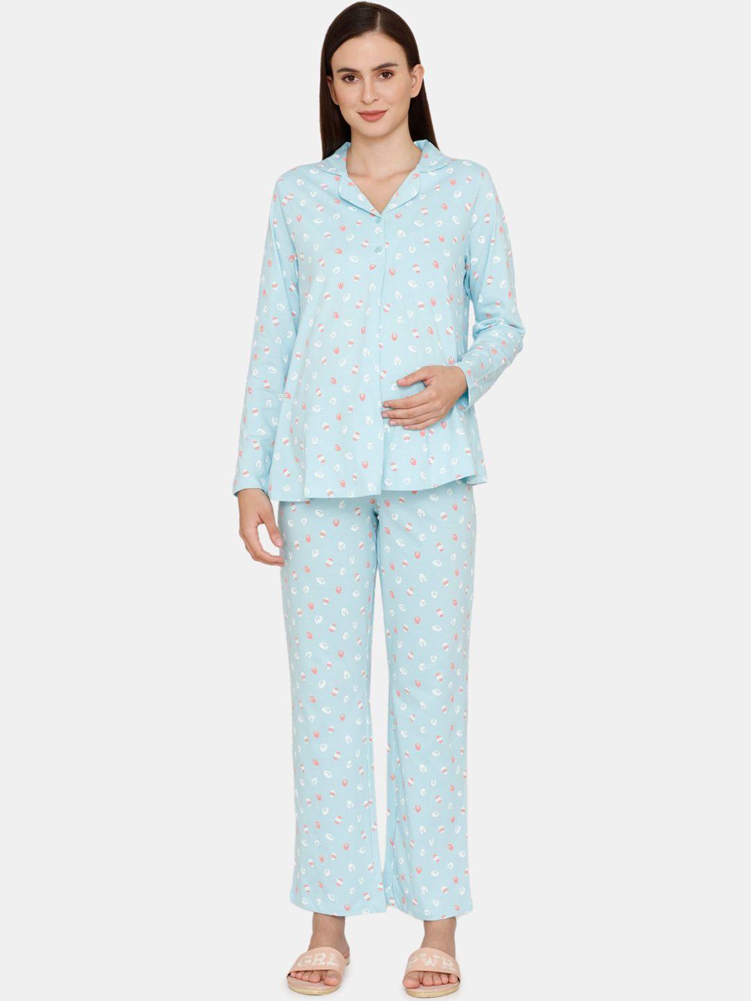 zivame women blue & white printed night suit