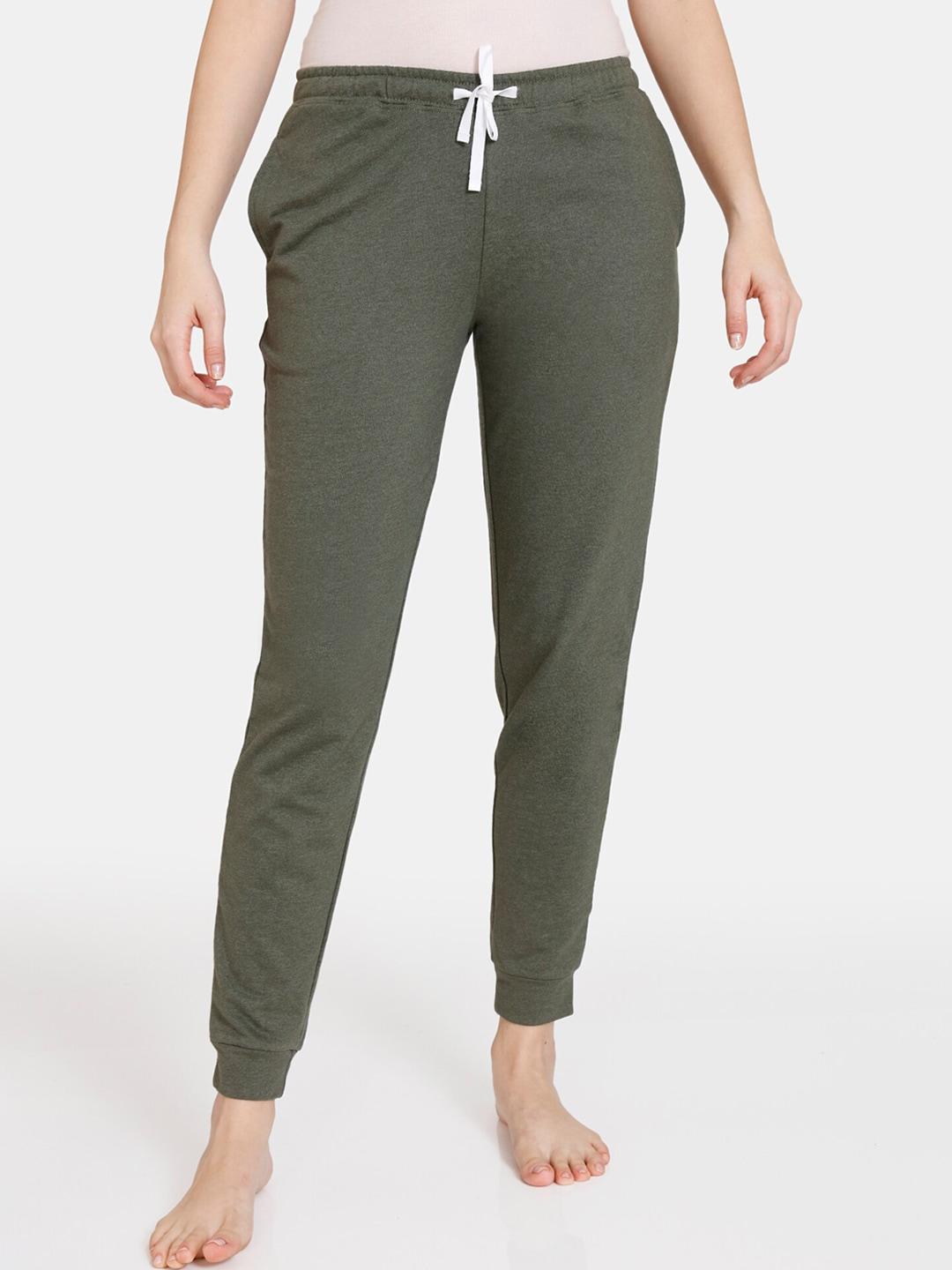 zivame women olive green solid cotton joggers lounge pant