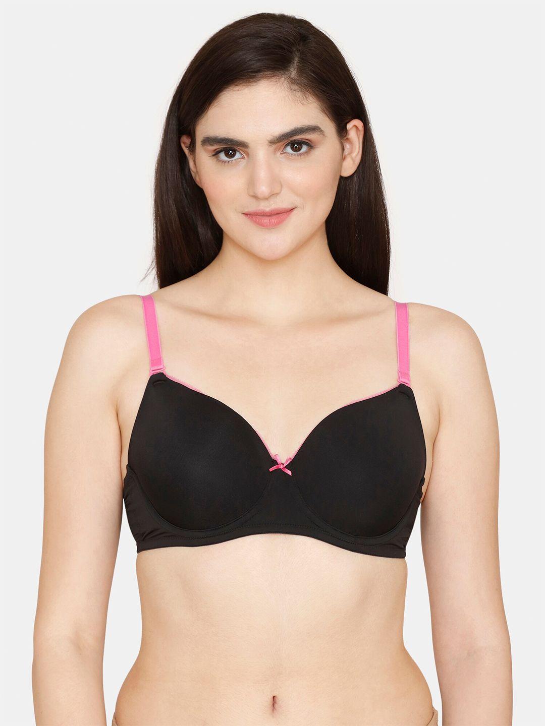 zivame black & black bra medium coverage underwired lightly padded