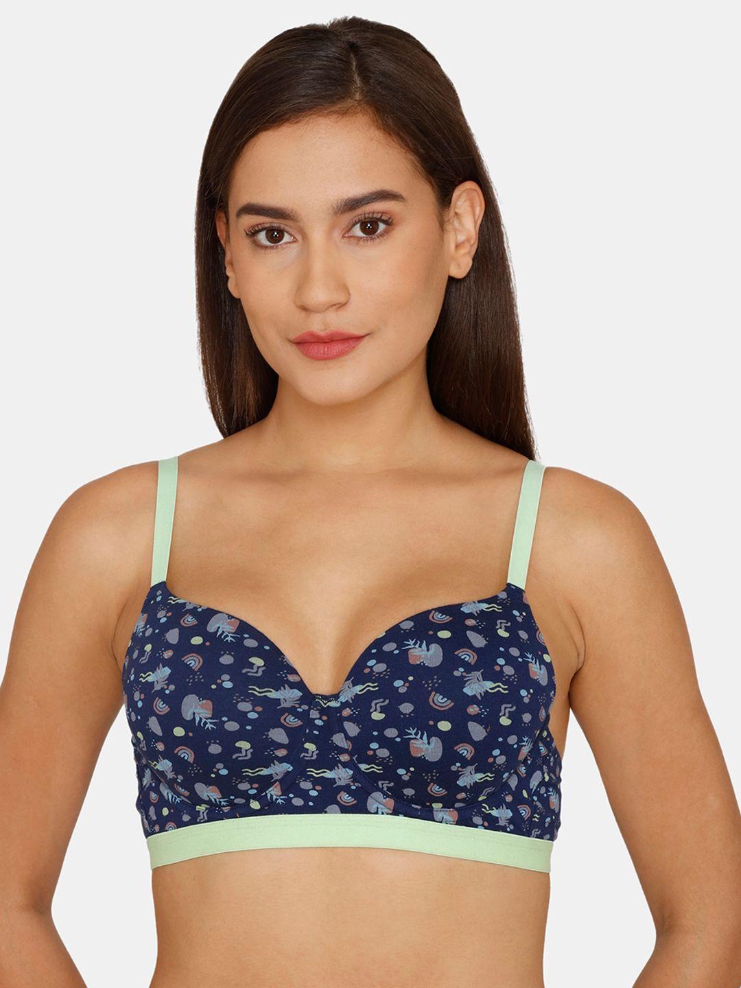 zivame blue & green underwired lightly padded cotton bra