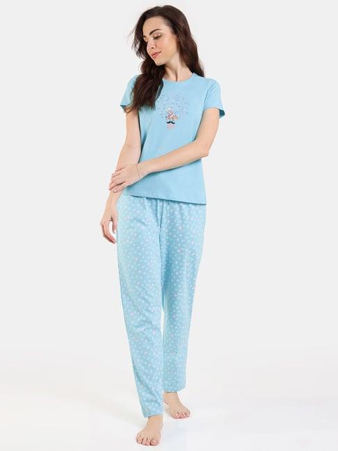 zivame blue cotton printed top with pyjamas
