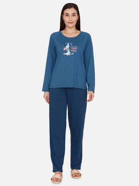 zivame blue graphic print top with pyjamas