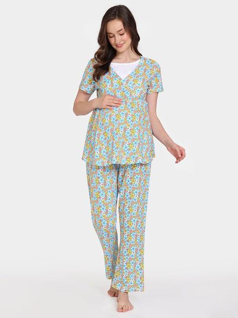 zivame blue printed maternity top with pyjamas