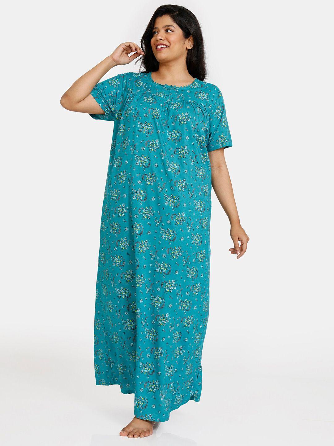 zivame blue printed maxi pure cotton nightdress